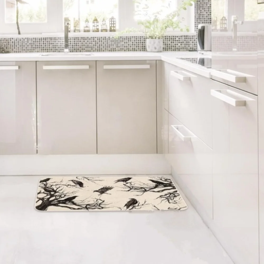 Black Ravens Nonslip Kitchen Rug Cream Ivory Doormat Goth Door Mat Crows Birds